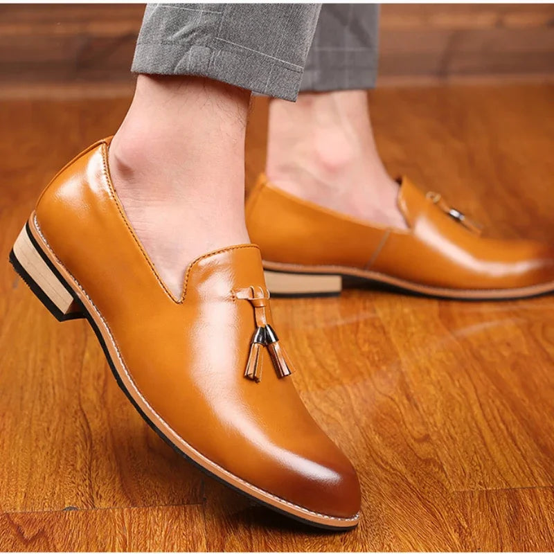 Men's Black Dress Shoes Premium Faux Leather Slip-On Pointed Toe Oxford Style 4