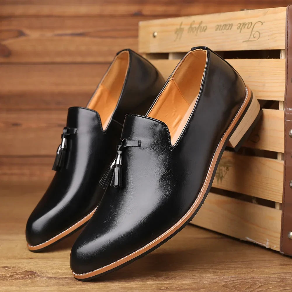 Men's Black Dress Shoes Premium Faux Leather Slip-On Pointed Toe Oxford Style 5