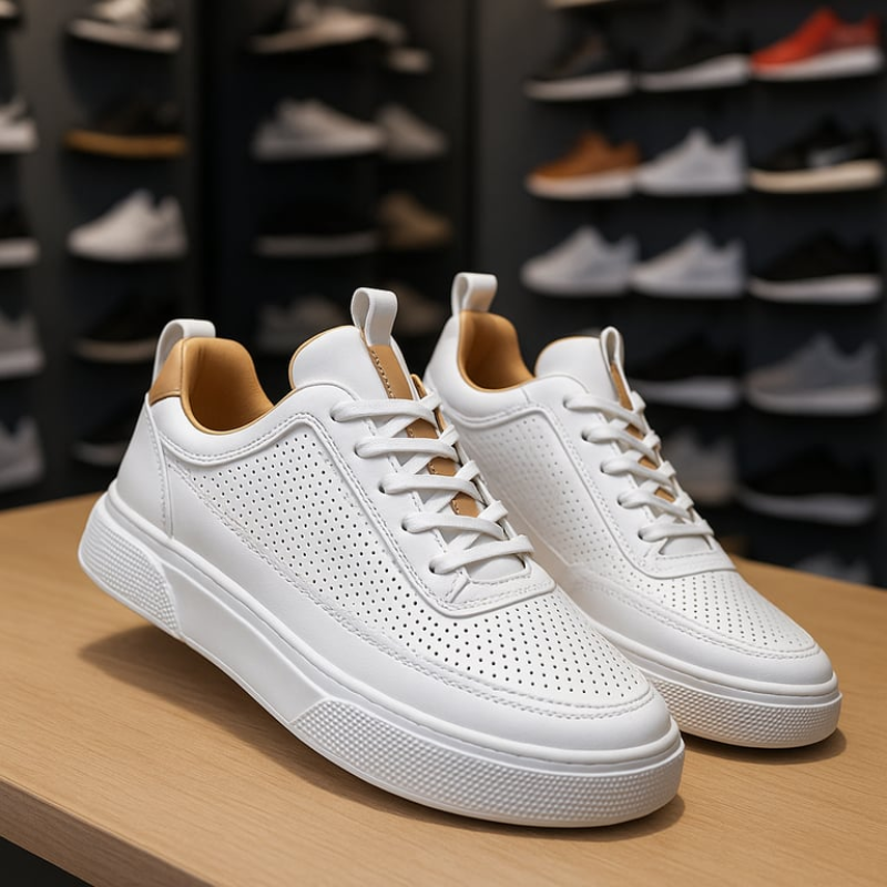 Men's Sneakers Leather Perforated Design Cushioned Sole Comfortable Casual Footwear 1